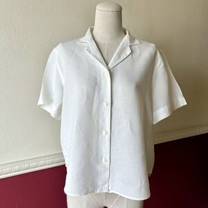 Uniqlo Linen Blend Button Down Top White Short Sleeve V-Neck Womens S Mininalist